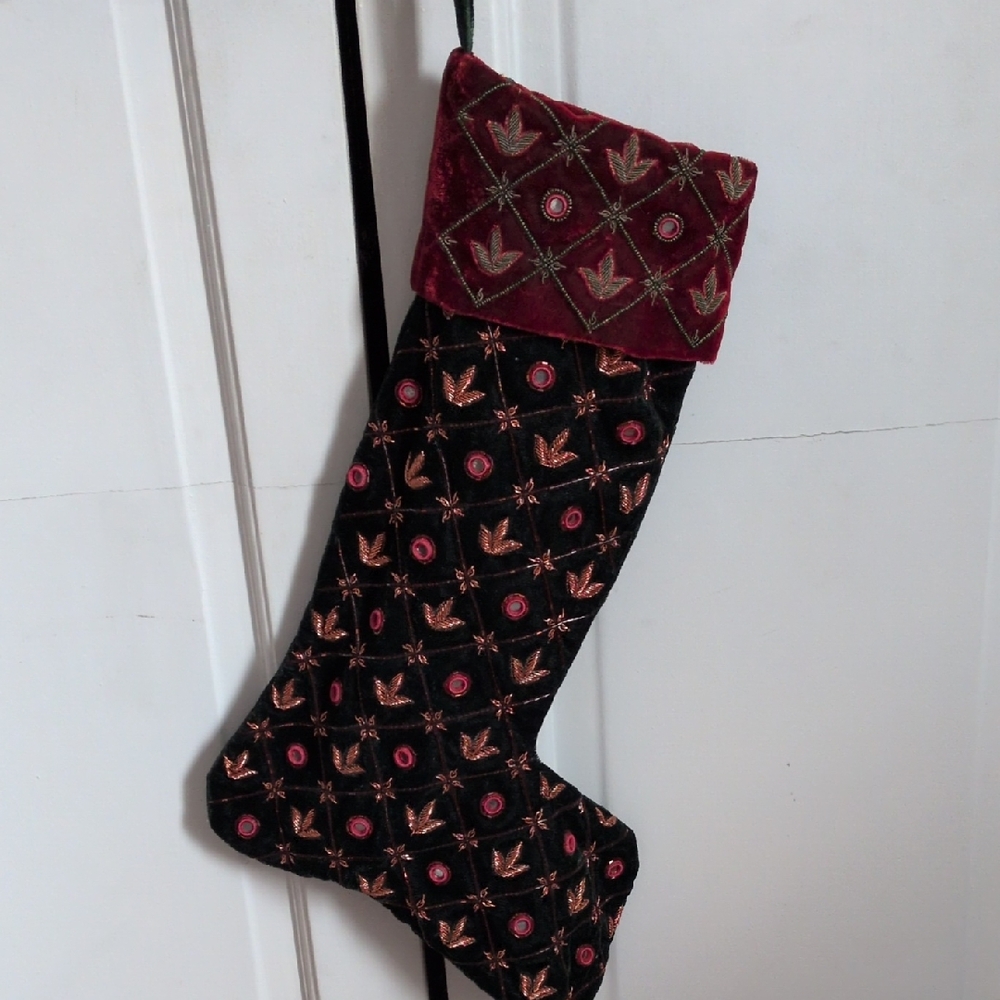 Embellished Black and Red Velvet Holiday Stocking
